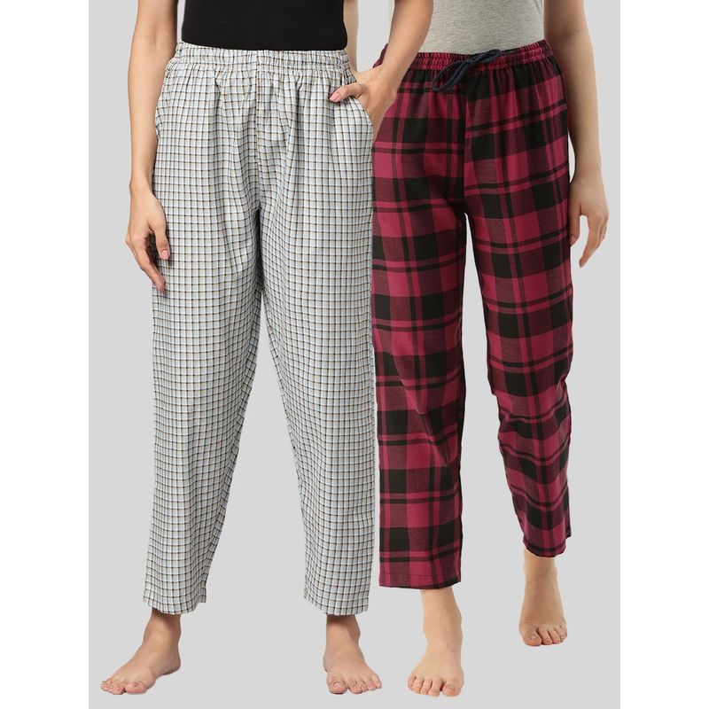 Kryptic Womens Blue & Maroon Cotton Check Lounge Pajamas (Pack of 2) (M)