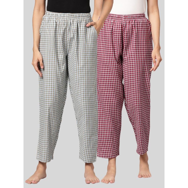 Kryptic Womens Blue & Maroon Cotton Check Lounge Pajamas (Pack of 2) (M)