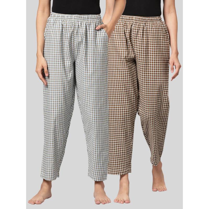Kryptic Womens Blue & Brown Cotton Check Lounge Pajamas (Pack of 2) (M)
