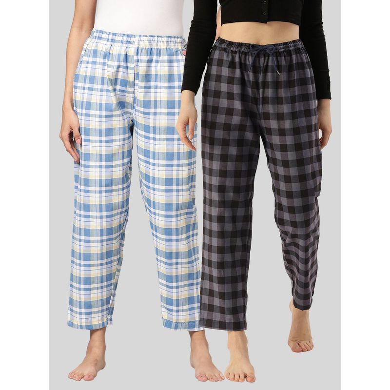 Kryptic Womens Blue & Grey Cotton Check Lounge Pajamas (Pack of 2) (M)