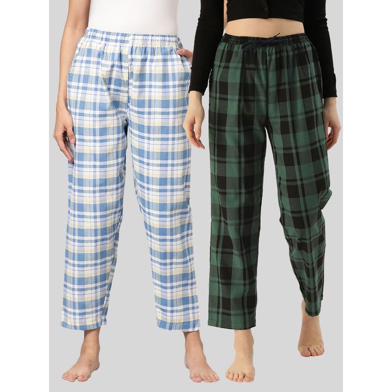 Kryptic Womens Blue & Green Cotton Check Lounge Pajamas (Pack of 2) (M)