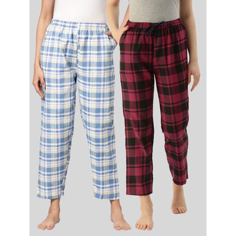 Kryptic Womens Blue & Maroon Cotton Check Lounge Pajamas (Pack of 2) (L)