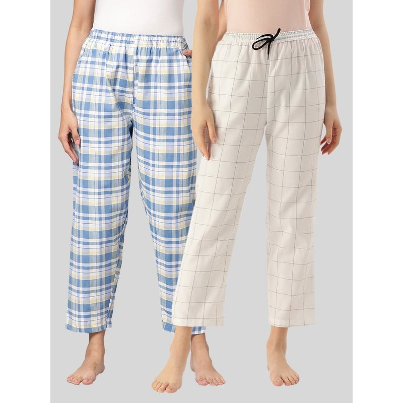 Kryptic Womens Blue & White Cotton Check Lounge Pajamas (Pack of 2) (L)