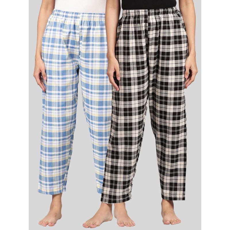 Kryptic Womens Blue & Black Cotton Check Lounge Pajamas (Pack of 2) (M)