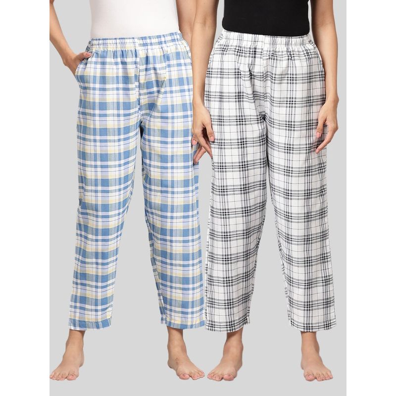 Kryptic Womens Blue & White Cotton Check Lounge Pajamas (Pack of 2) (XL)