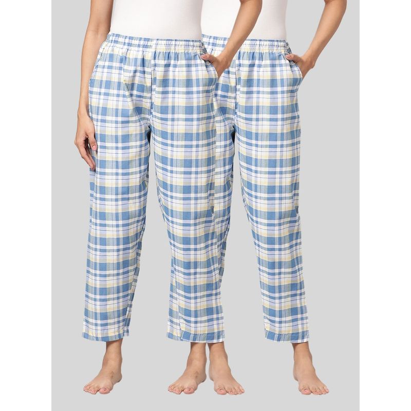 Kryptic Womens Blue Cotton Check Lounge Pajamas (Pack of 2) (M)