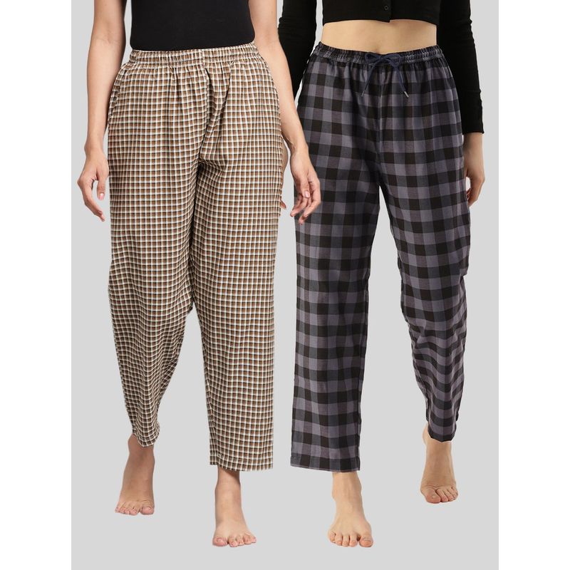 Kryptic Womens Brown & Grey Cotton Check Lounge Pajamas (Pack of 2) (XL)