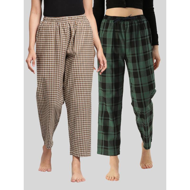 Kryptic Womens Brown & Green Cotton Check Lounge Pajamas (Pack of 2) (XL)