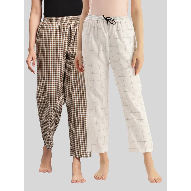 Kryptic Womens Brown White Cotton Check Lounge Pajamas (Pack of 2) (M)