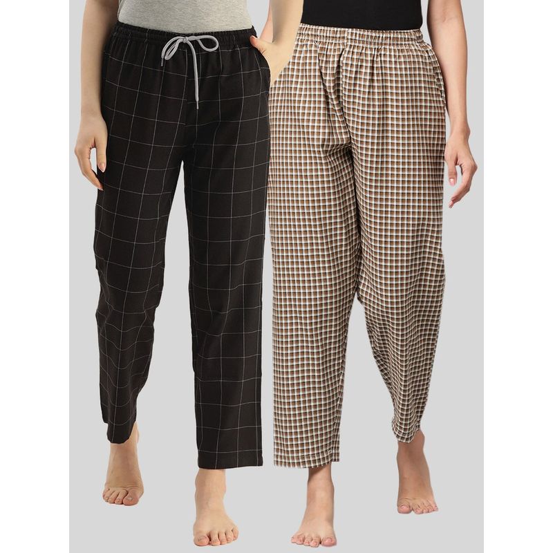 Kryptic Womens Brown Black Cotton Check Lounge Pajamas (Pack of 2) (L)