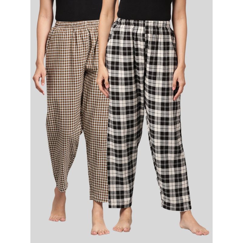 Kryptic Womens Brown Black Cotton Check Lounge Pajamas (Pack of 2) (2XL)