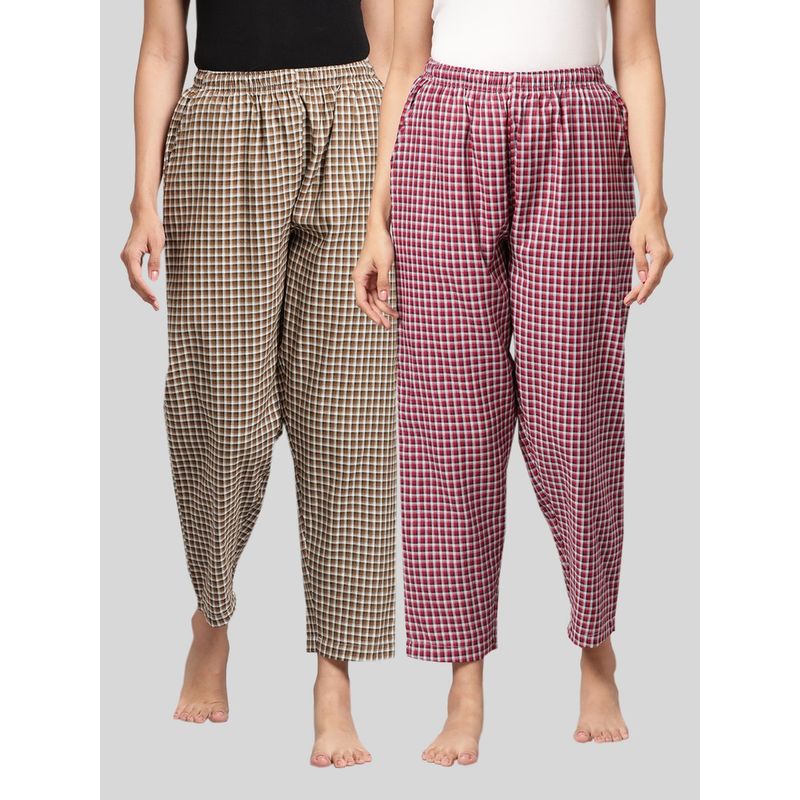 Kryptic Womens Brown Maroon Cotton Check Lounge Pajamas (Pack of 2) (L)
