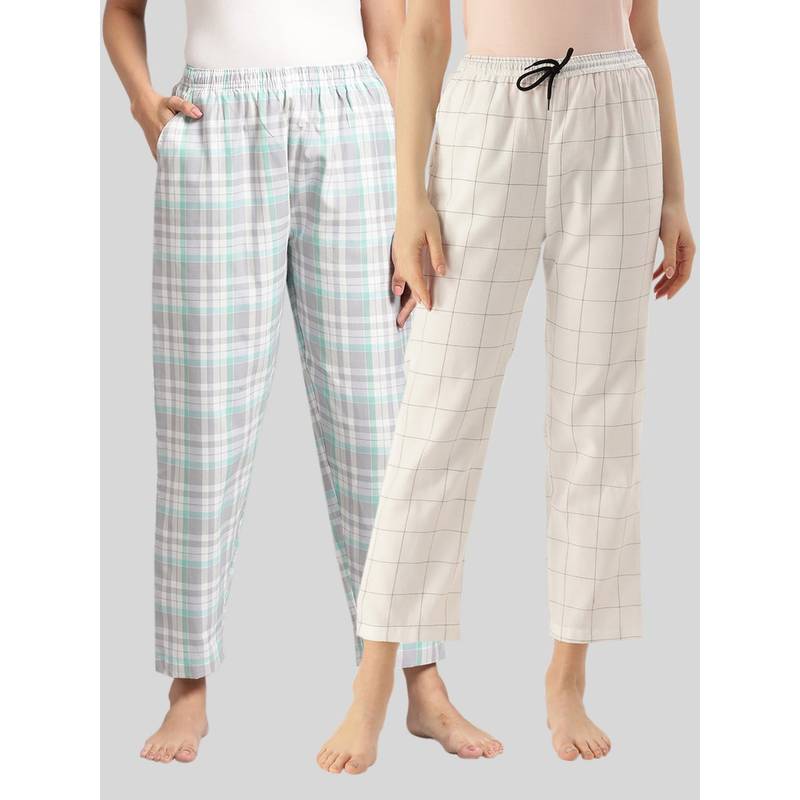 Kryptic Womens Grey & White Cotton Check Lounge Pajamas (Pack of 2) (M)