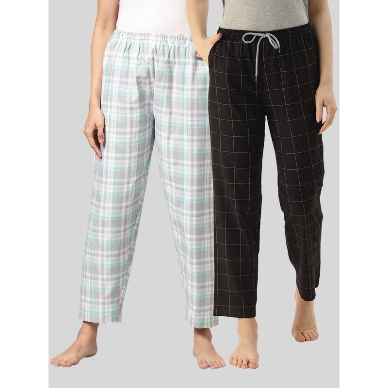 Kryptic Womens Grey & Black Cotton Check Lounge Pajamas (Pack of 2) (M)