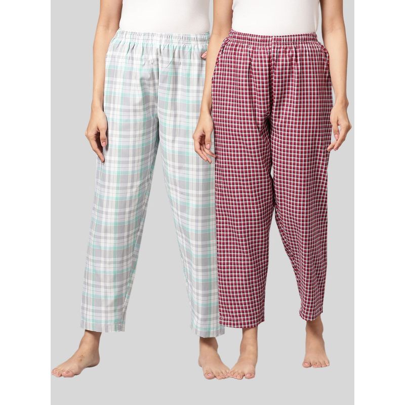 Kryptic Womens Grey & Maroon Cotton Check Lounge Pajamas (Pack of 2) (2XL)