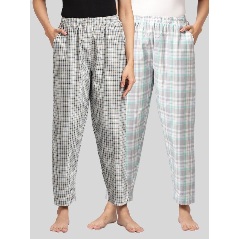 Kryptic Womens Grey & Blue Cotton Check Lounge Pajamas (Pack of 2) (M)