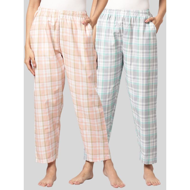 Kryptic Womens Grey & Peach Cotton Check Lounge Pajamas (Pack of 2) (M)
