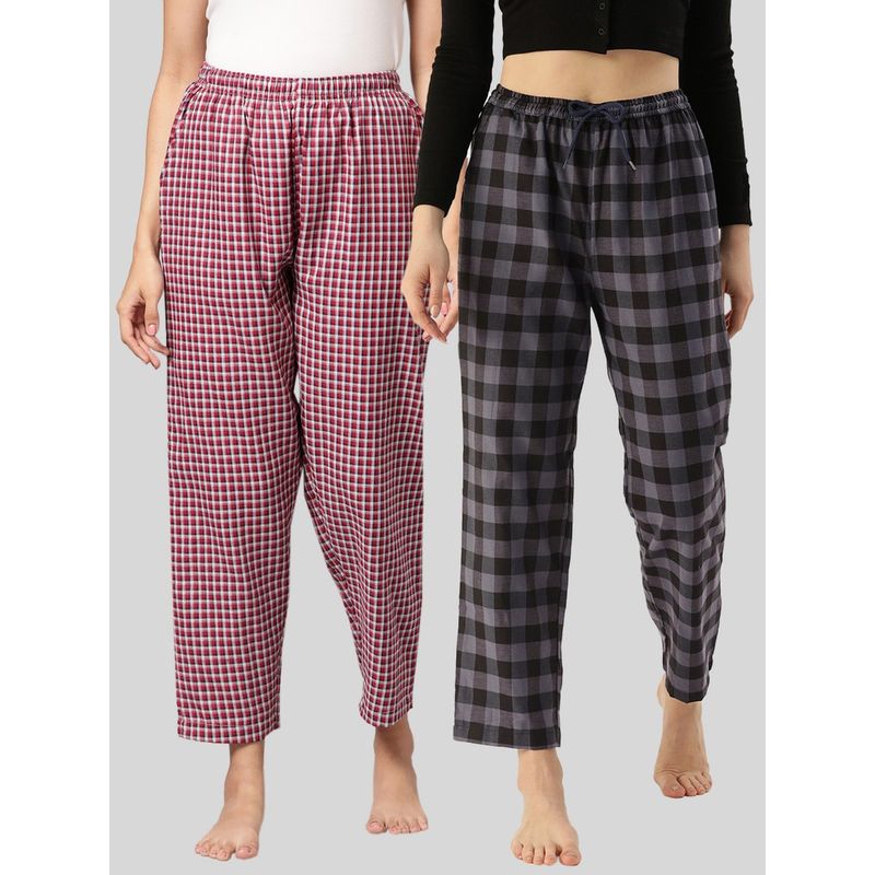 Kryptic Womens Maroon & Grey Cotton Check Lounge Pajamas (Pack of 2) (2XL)