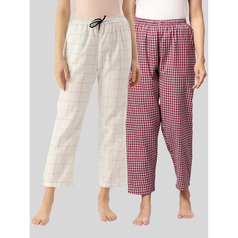 Kryptic Womens Maroon & White Cotton Check Lounge Pajamas (Pack of 2) (XL)