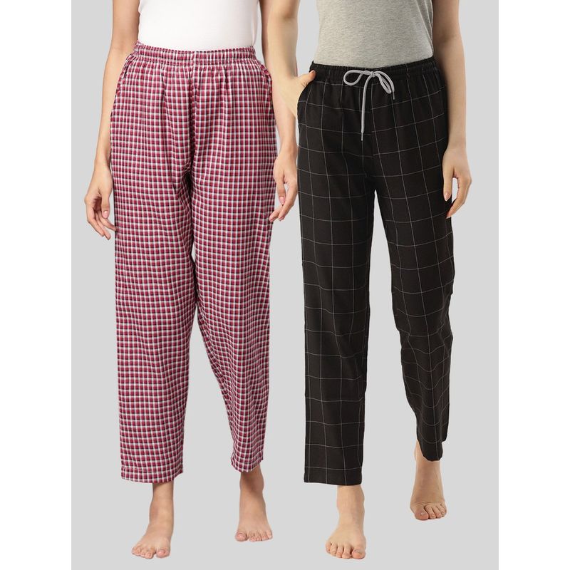 Kryptic Womens Maroon & Black Cotton Check Lounge Pajamas (Pack of 2) (M)