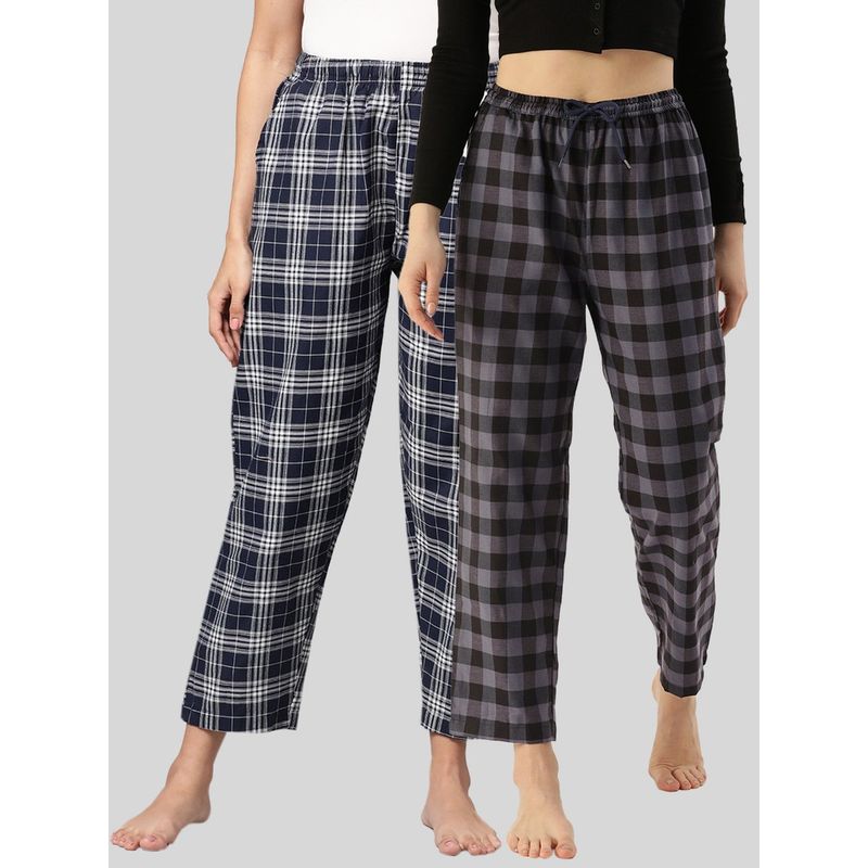 Kryptic Womens Navy & Grey Cotton Check Lounge Pajamas (Pack of 2) (M)