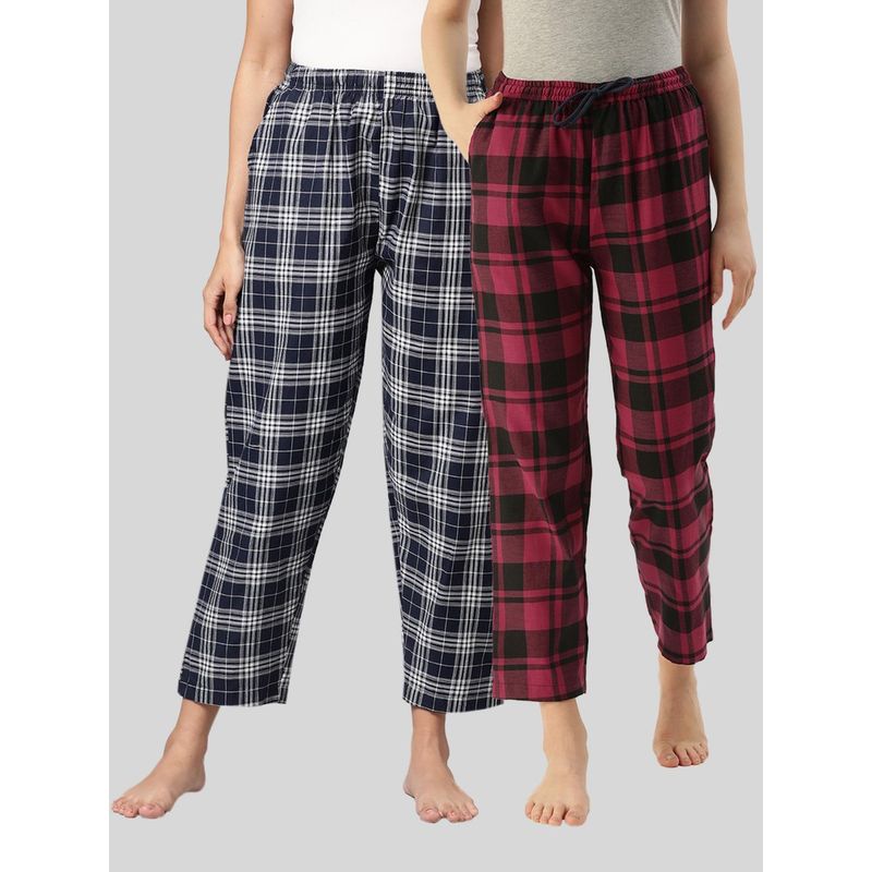 Kryptic Womens Navy & Maroon Cotton Check Lounge Pajamas (Pack of 2) (M)