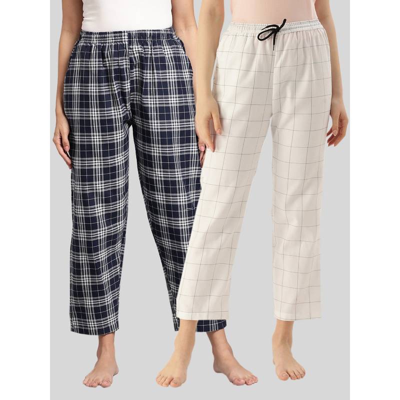 Kryptic Womens Navy & White Cotton Check Lounge Pajamas (Pack of 2) (M)