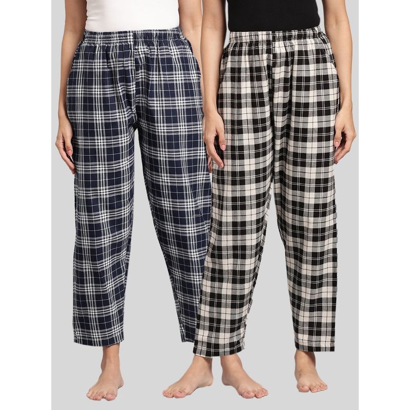 Kryptic Womens Navy & Black Cotton Check Lounge Pajamas (Pack of 2) (M)