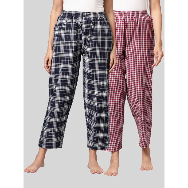 Kryptic Womens Navy & Maroon Cotton Check Lounge Pajamas (Pack of 2) (M)