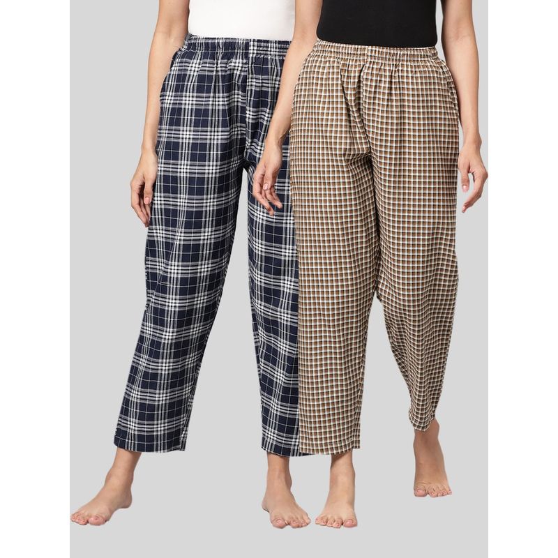 Kryptic Womens Navy & Brown Cotton Check Lounge Pajamas (Pack of 2) (M)