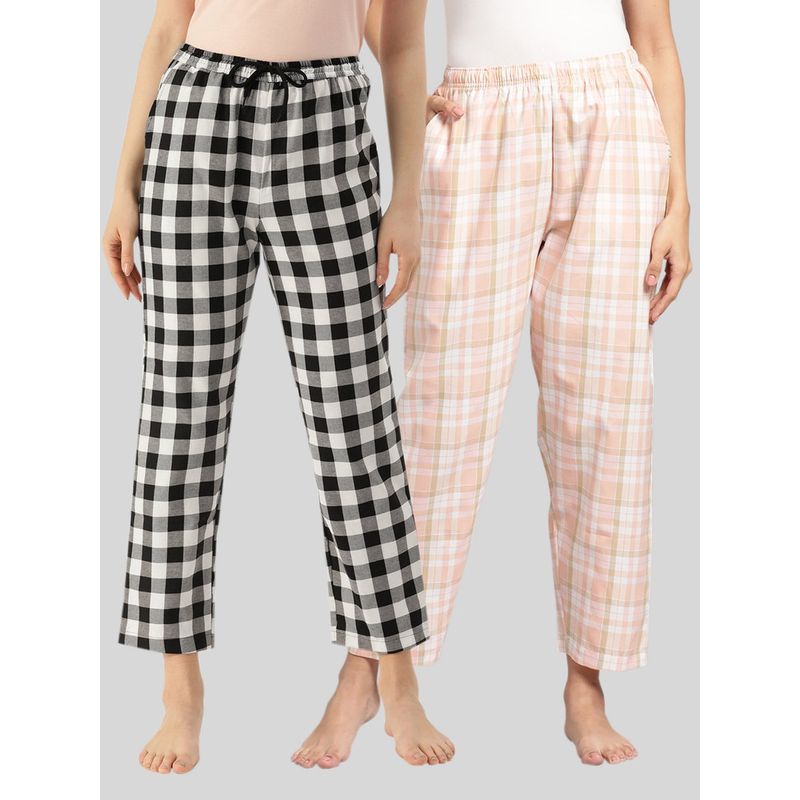 Kryptic Womens Peach & Black Cotton Check Lounge Pajamas (Pack of 2) (2XL)
