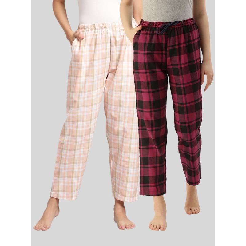 Kryptic Womens Peach & Maroon Cotton Check Lounge Pajamas (Pack of 2) (M)