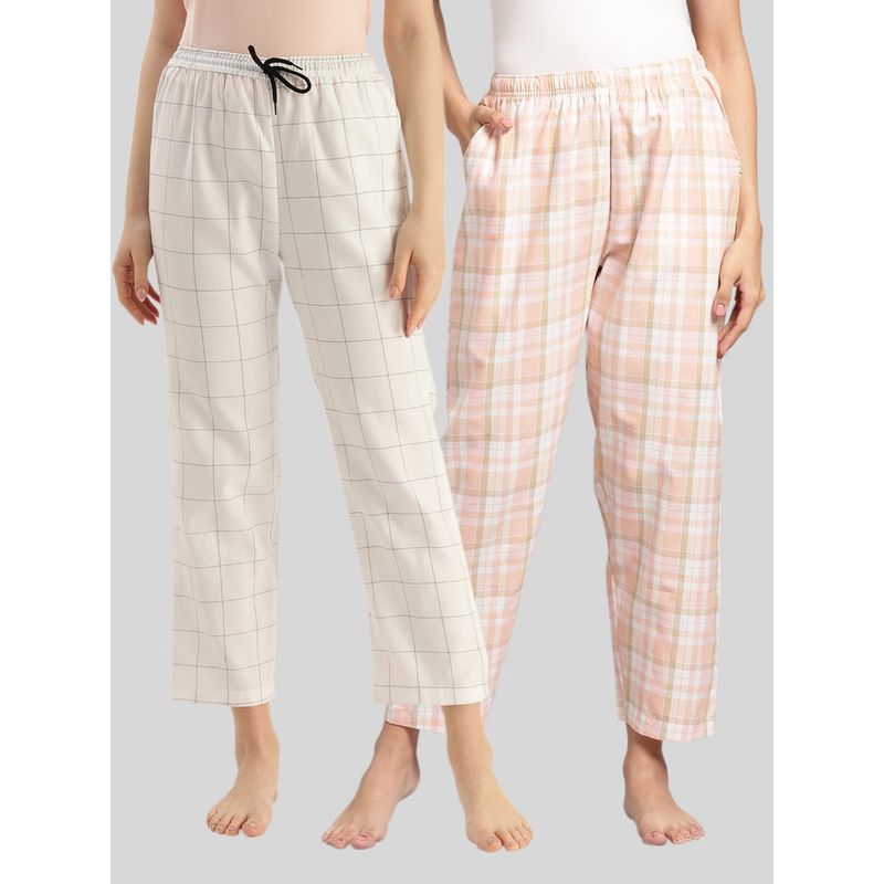 Kryptic Womens Peach & White Cotton Check Lounge Pajamas (Pack of 2) (L)