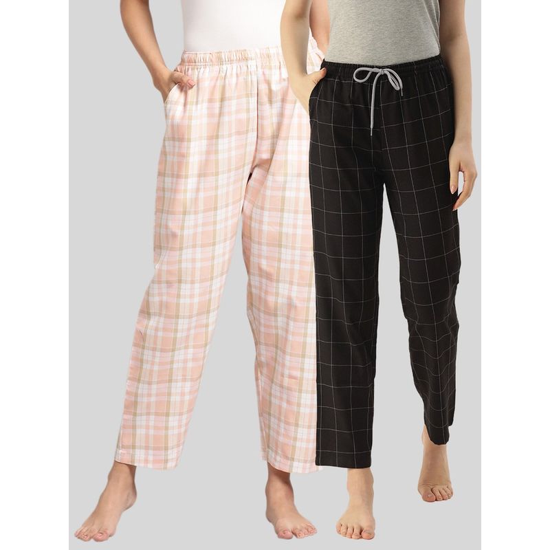Kryptic Womens Peach & Black Cotton Check Lounge Pajamas (Pack of 2) (M)