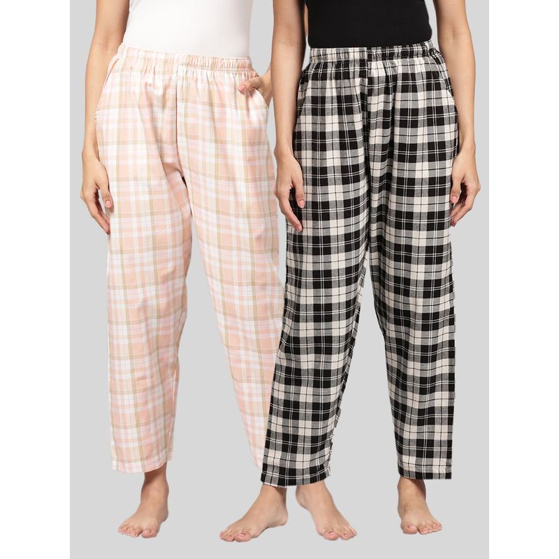 Kryptic Womens Peach & Black Cotton Check Lounge Pajamas (Pack of 2) (M)