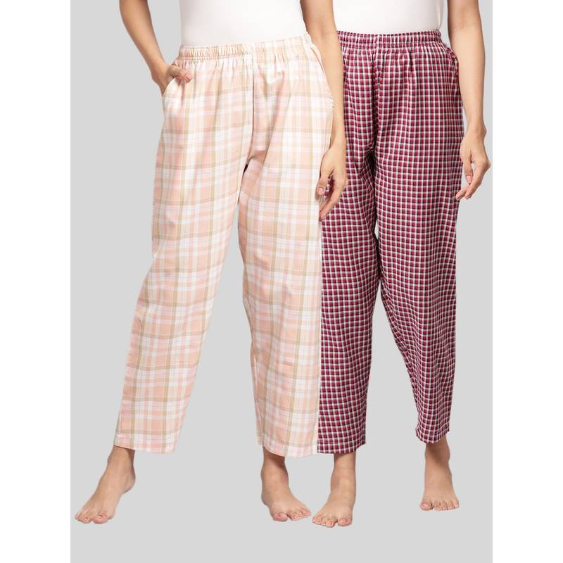 Kryptic Womens Peach & Maroon Cotton Check Lounge Pajamas (Pack of 2) (M)