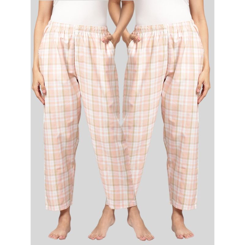 Kryptic Womens Peach Cotton Check Lounge Pajamas (Pack of 2) (M)