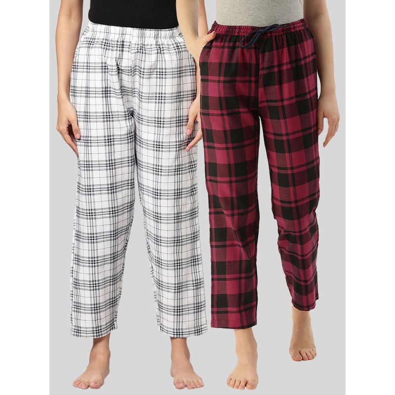 Kryptic Womens White & Maroon Cotton Check Lounge Pajamas (Pack of 2) (L)