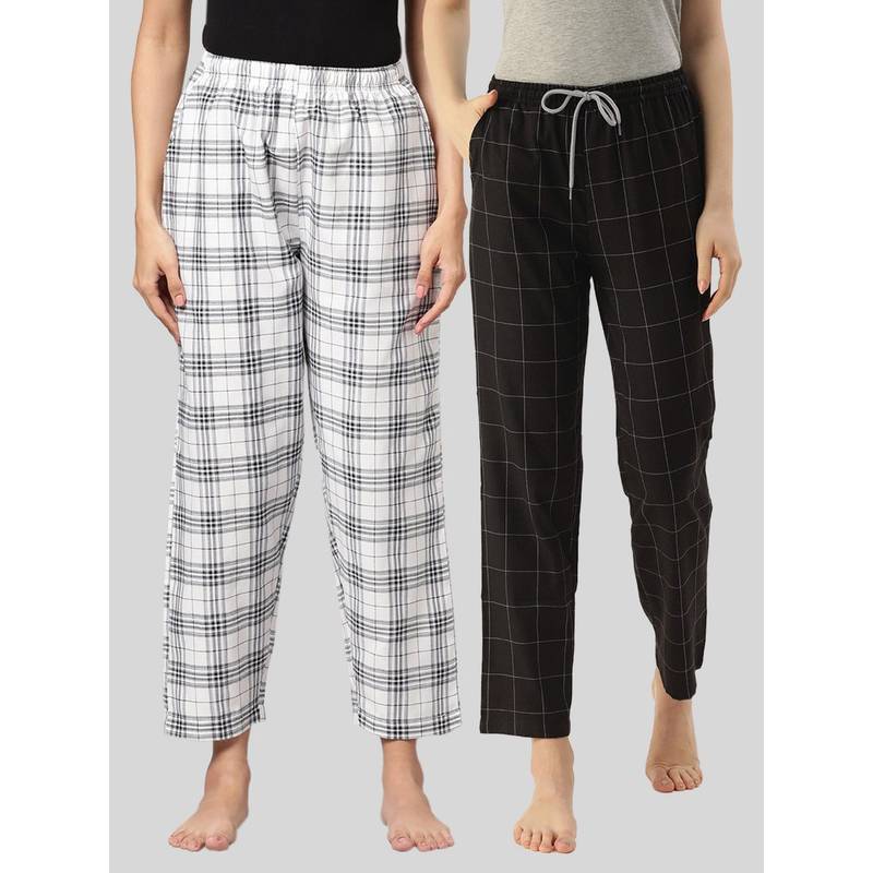 Kryptic Womens White & Black Cotton Check Lounge Pajamas (Pack of 2) (M)