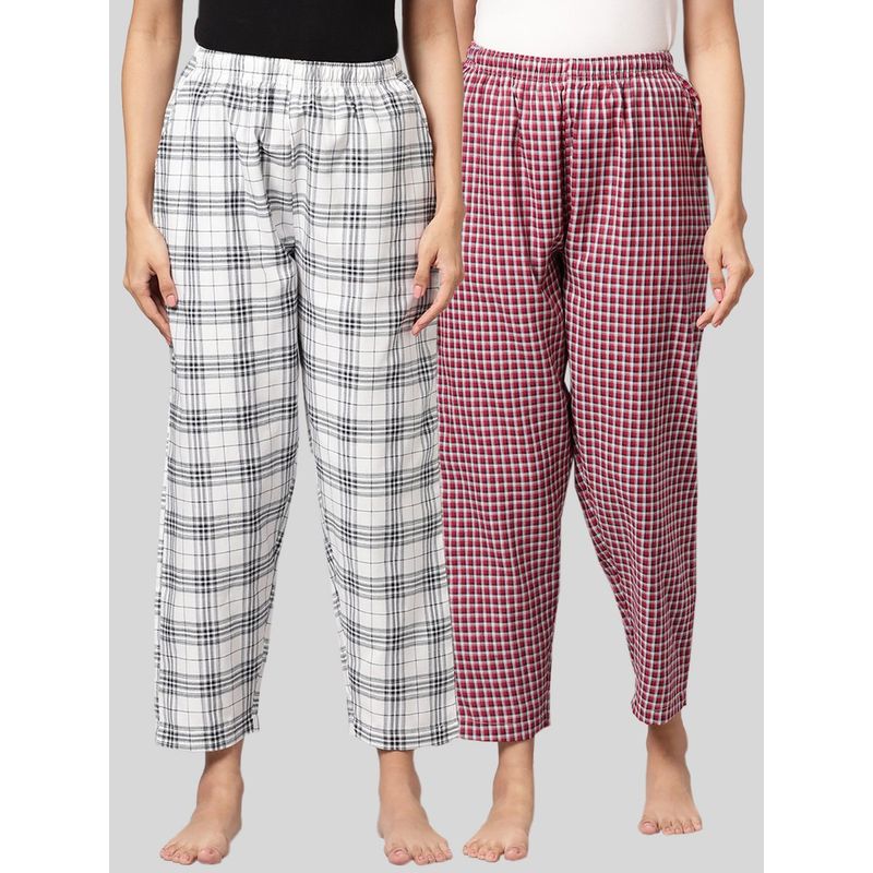 Kryptic Womens White & Maroon Cotton Check Lounge Pajamas (Pack of 2) (L)
