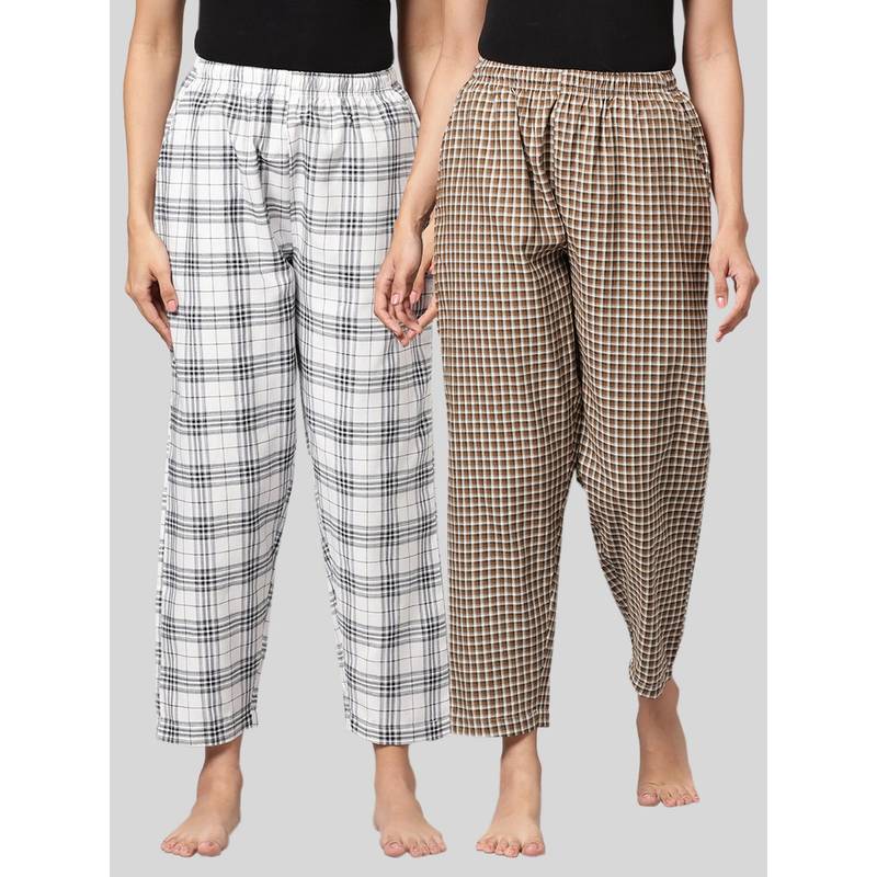 Kryptic Womens White & Brown Cotton Check Lounge Pajamas (Pack of 2) (M)