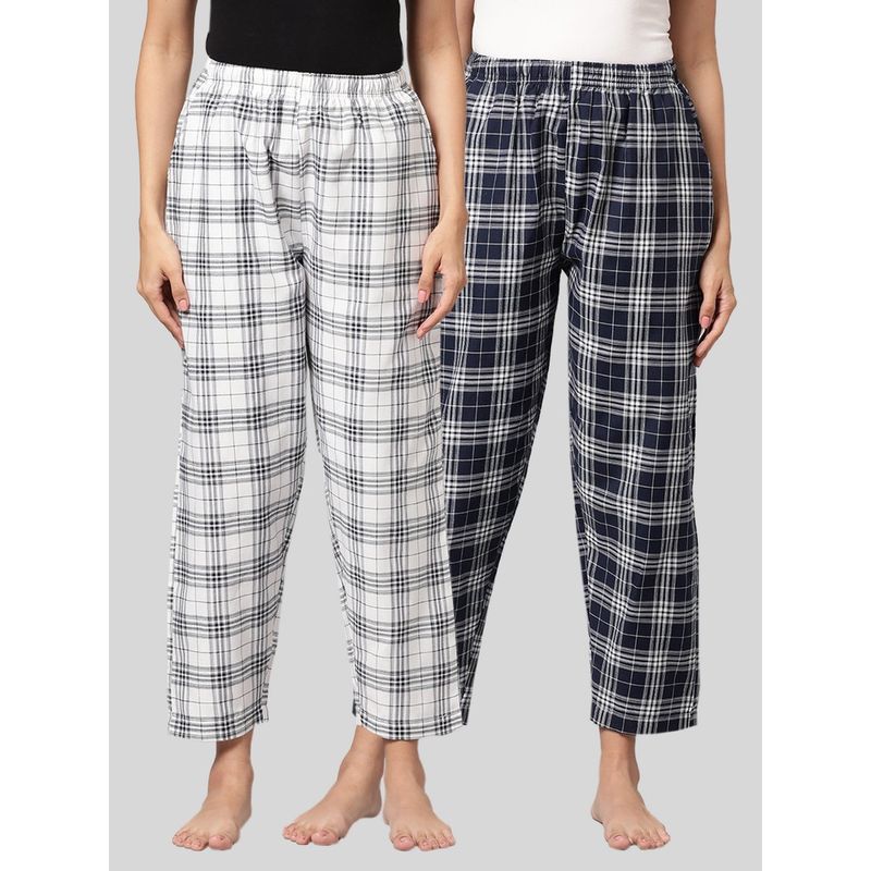 Kryptic Womens White & Navy Cotton Check Lounge Pajamas (Pack of 2) (M)