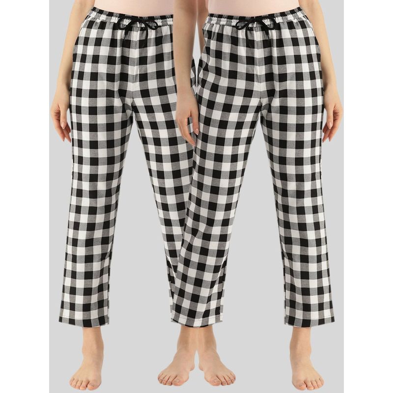 Kryptic Womens White Black Cotton Check Lounge Pajamas (Pack of 2) (M)