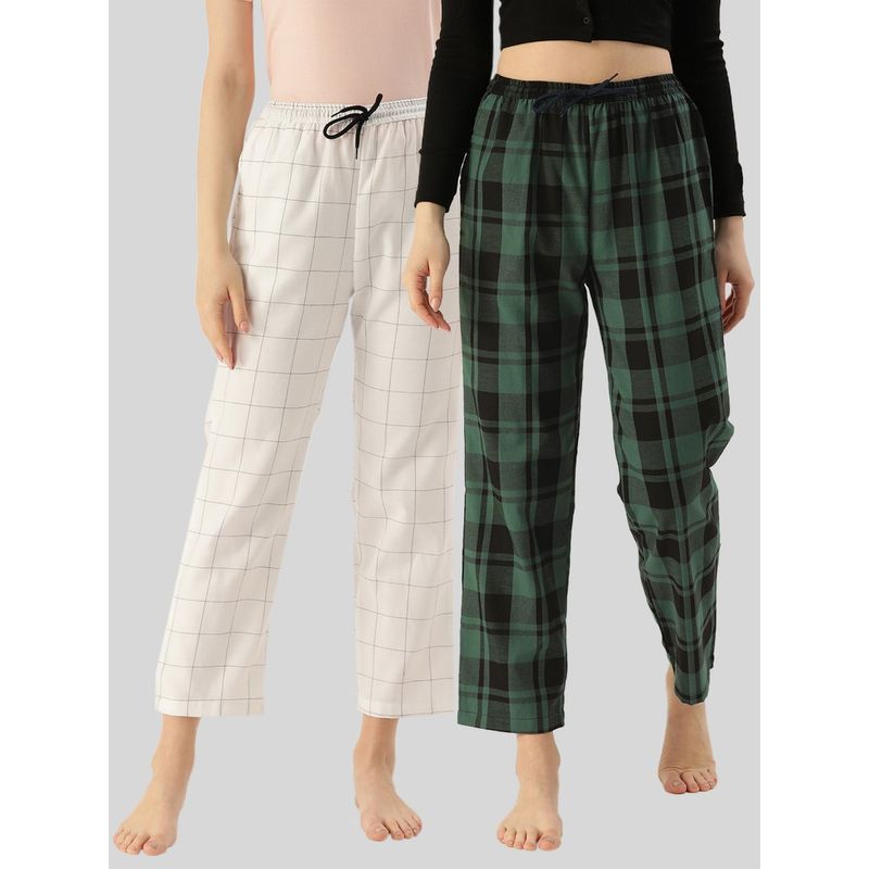 Kryptic Womens White & Green Cotton Check Lounge Pajamas (Pack of 2) (M)