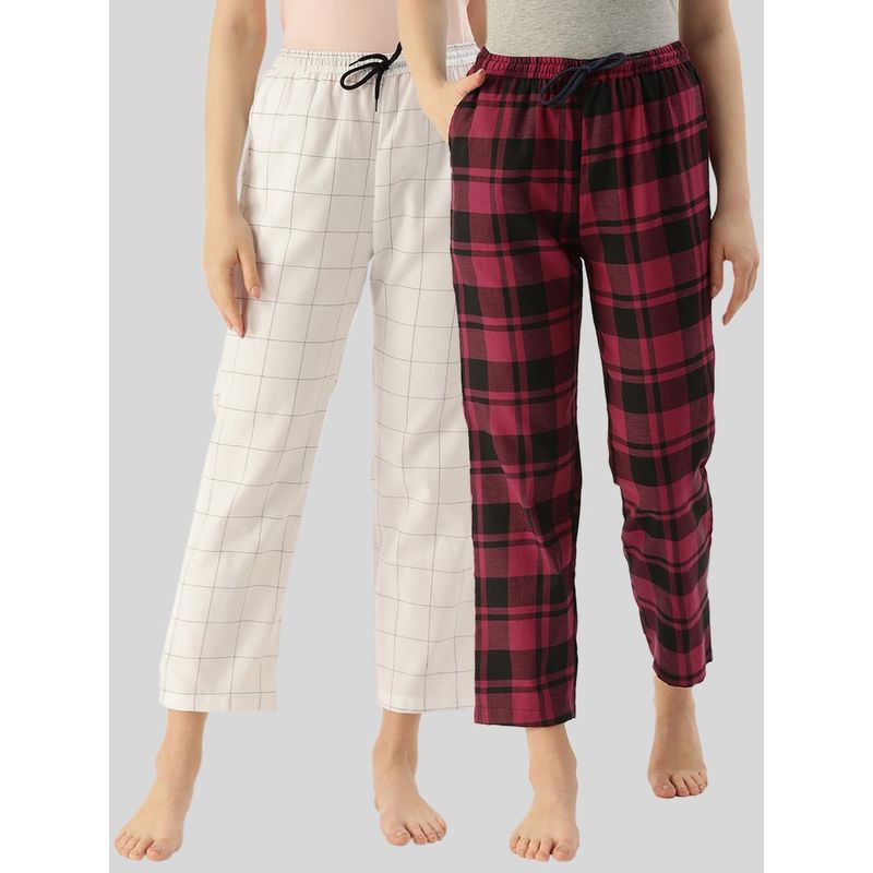 Kryptic Womens White & Maroon Cotton Check Lounge Pajamas (Pack of 2) (M)
