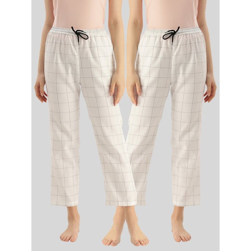 Kryptic Womens White Cotton Check Lounge Pajamas (Pack of 2) (M)