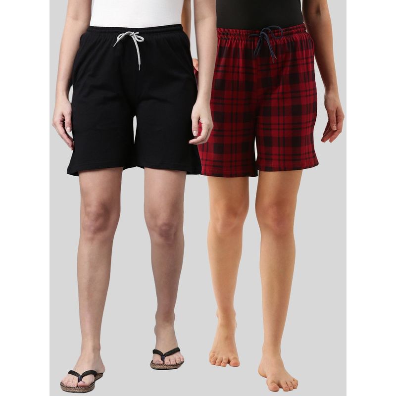 Kryptic Women Cotton Black & Maroon Lounge Shorts (Pack of 2) (2XL)