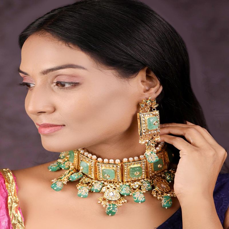 Buy Priyaasi Mint Green Stones Pearls Beads Kundan Gold Plated Choker