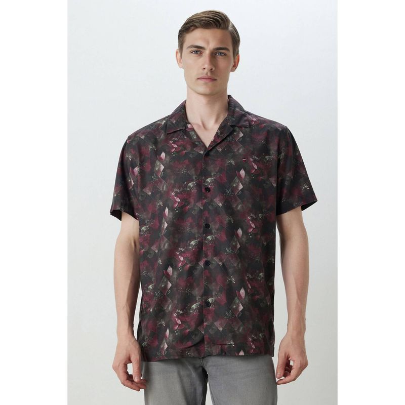 Louis Philippe Mens Brown Slim Fit Print Half Sleeves Casual Resort Collar Shirt (39)