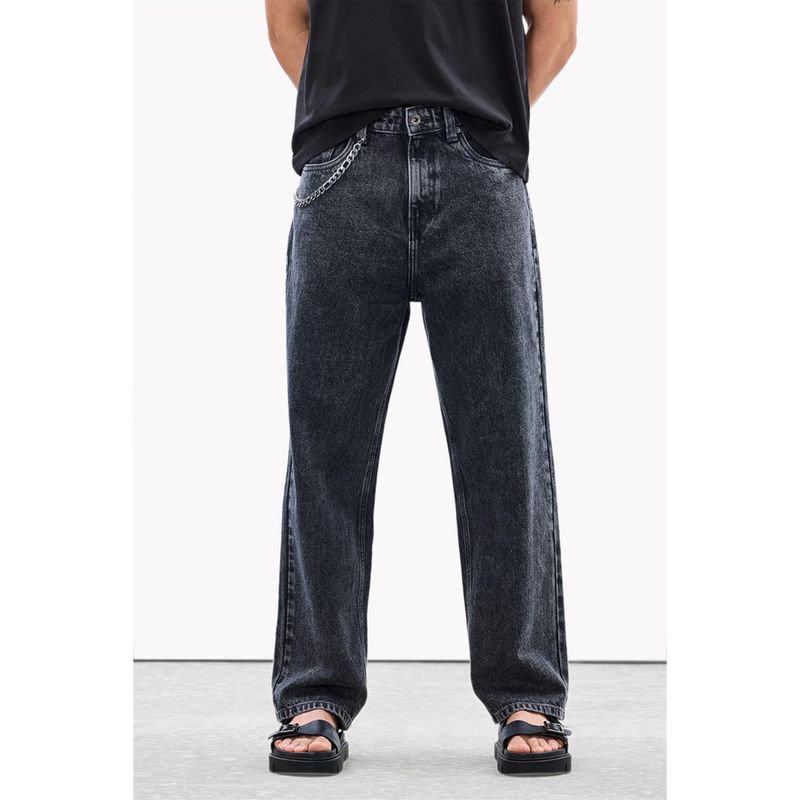 Snitch Mens Charcoal Grey Acid Wash Relaxed Casual Jeans (32)